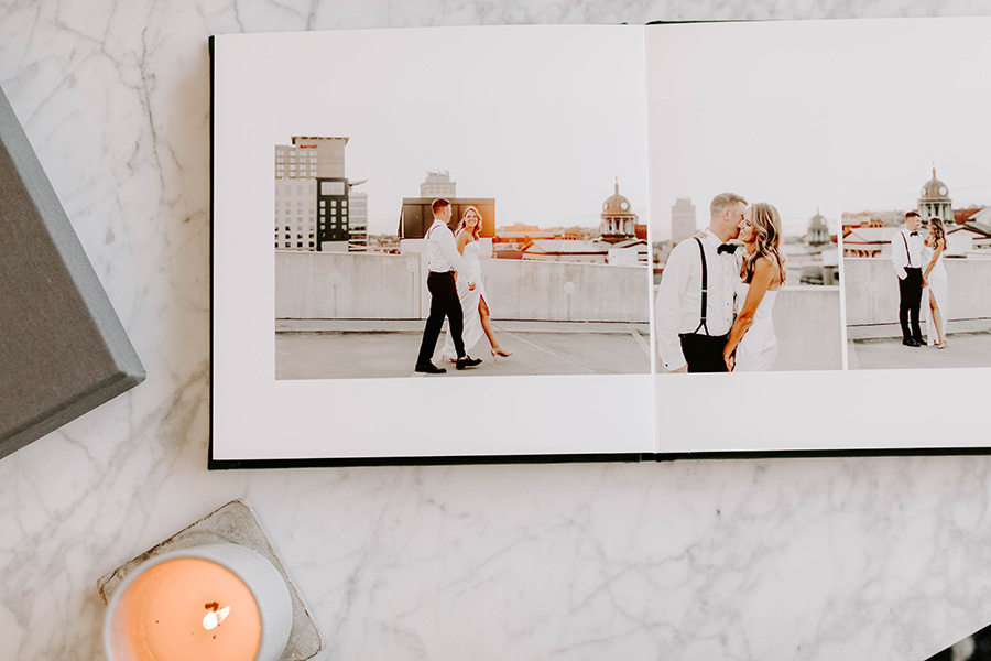 Stylish wedding album designed by Align Album Design and printed by Miller's Professional Imaging La